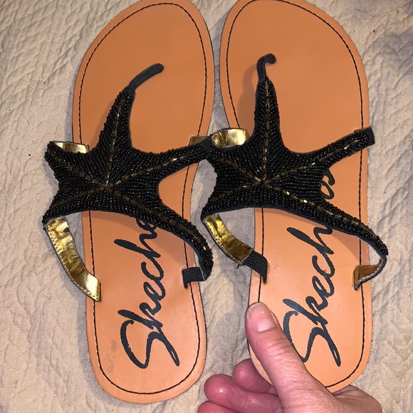 Black Beaded Skechers Flip Flops - Picture 2 of 5